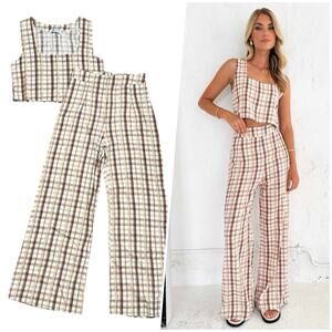 Petal & Pup Cream and Brown Plaid Two-Piece Set